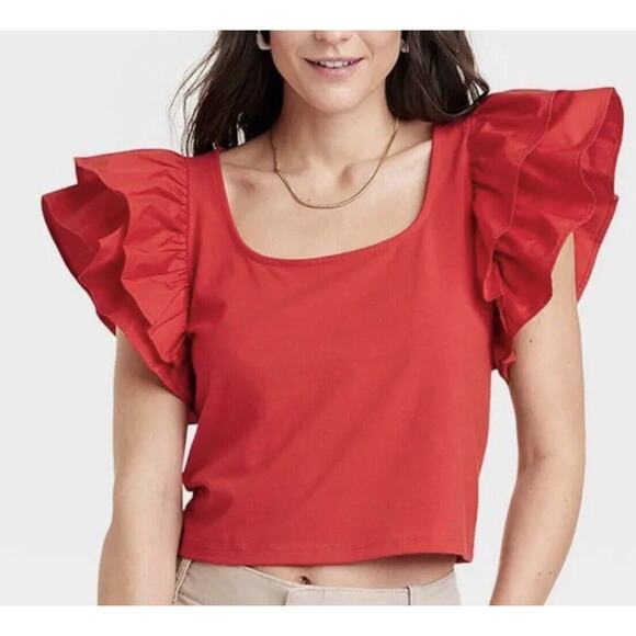 A New Day Crop Top Double Flutter Short Sleeve Slim Fit Red Cotton XS New - Picture 2 of 5